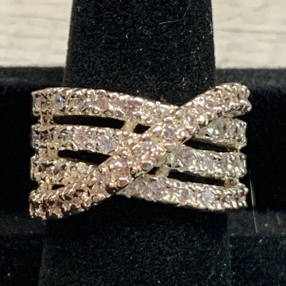Silver Tone Crossover Multi Row Pave Crystal Band Ring Size 9 5484